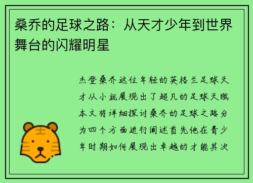 桑乔的足球之路:从天才少年到世界舞台的闪耀明星 桑乔的足球之路:从天才少年到世界舞台的闪耀明星