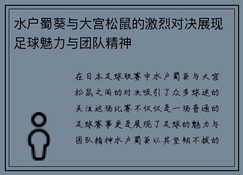 水户蜀葵与大宫松鼠的激烈对决展现足球魅力与团队精神 水户蜀葵与大宫松鼠的激烈对决展现足球魅力与团队精神